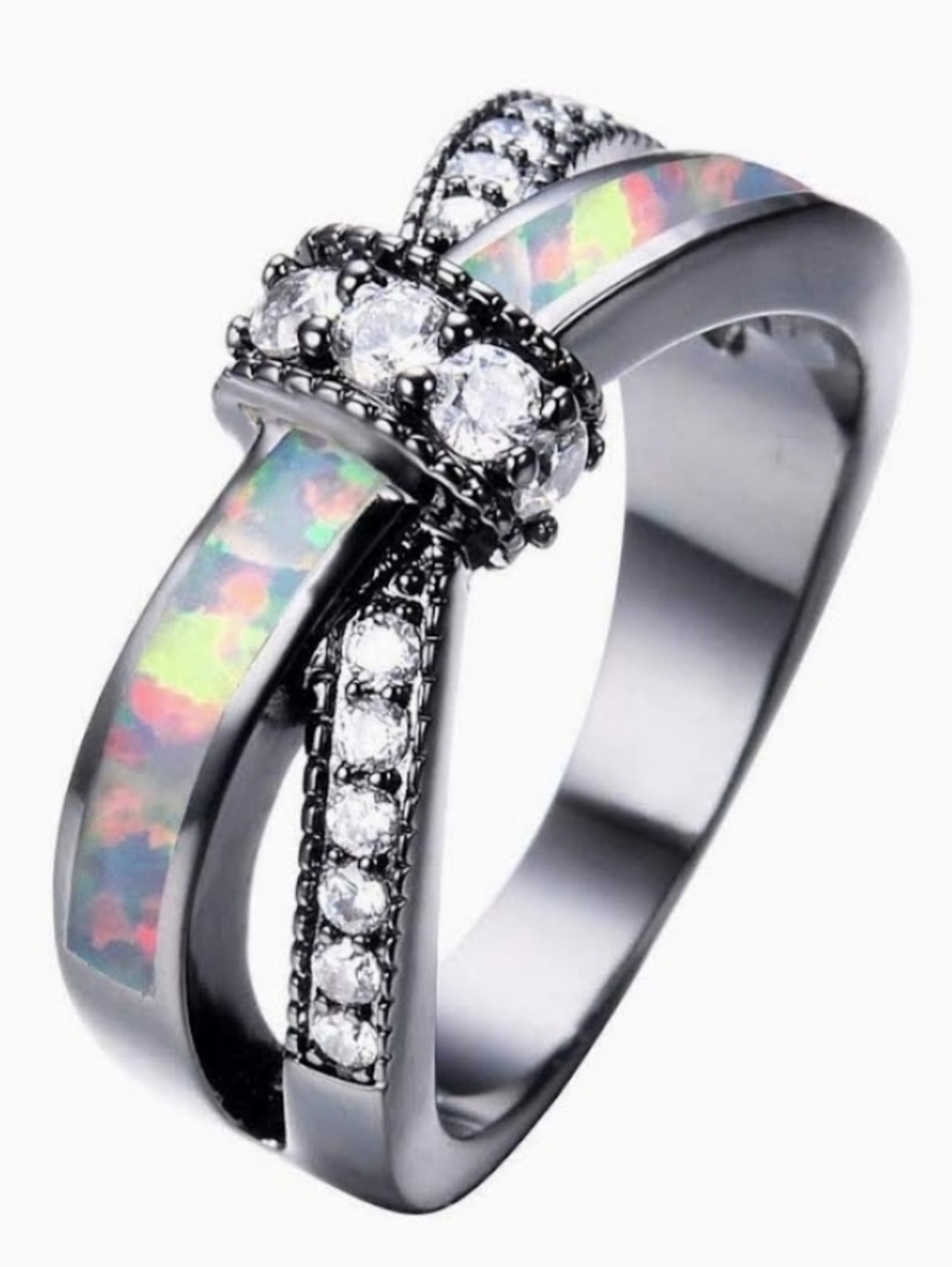 Black Gold Mystic Fire Opal Cross-Over Infinity Ring White CZ Stones 9 NEW